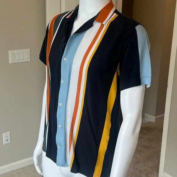Zara Colorful Striped Flowy SS Button-Up w/ Revere Collar - Picture 2 of 7